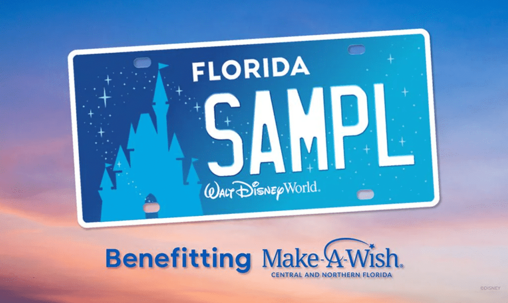 sample graphic of the new Disney license plate supporting Make-A-Wish Central and Northern Florida